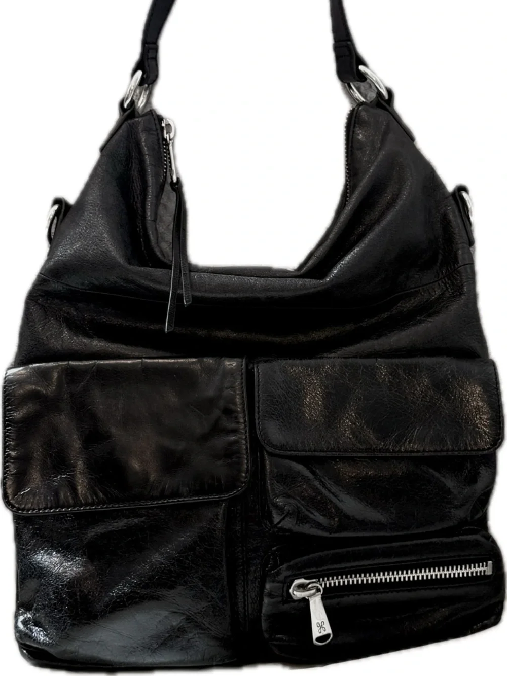 HOBO Black Leather Hobo Bag with Front Pockets